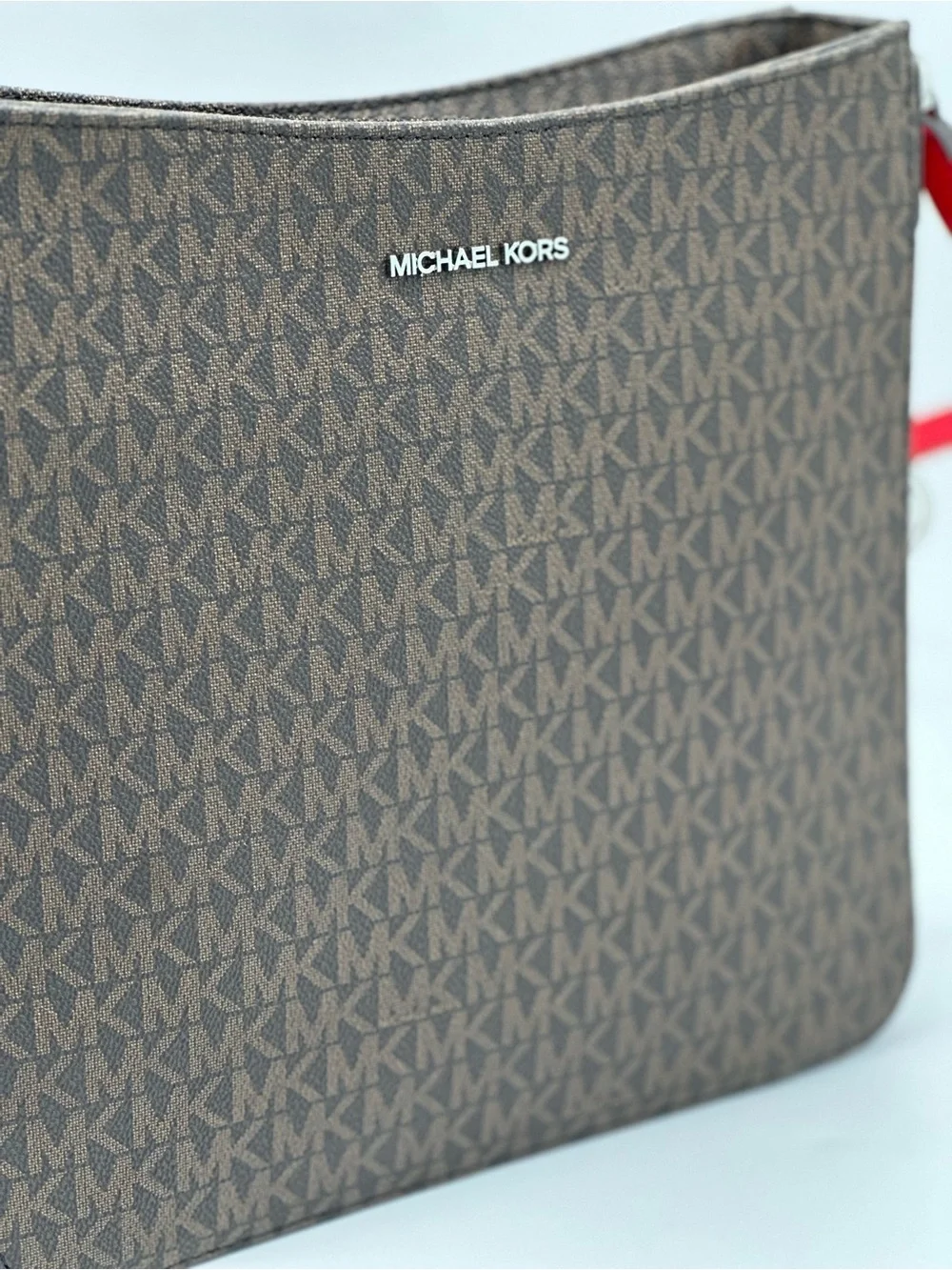 Michael Kors Brown Monogram Crossbody with Red Strap